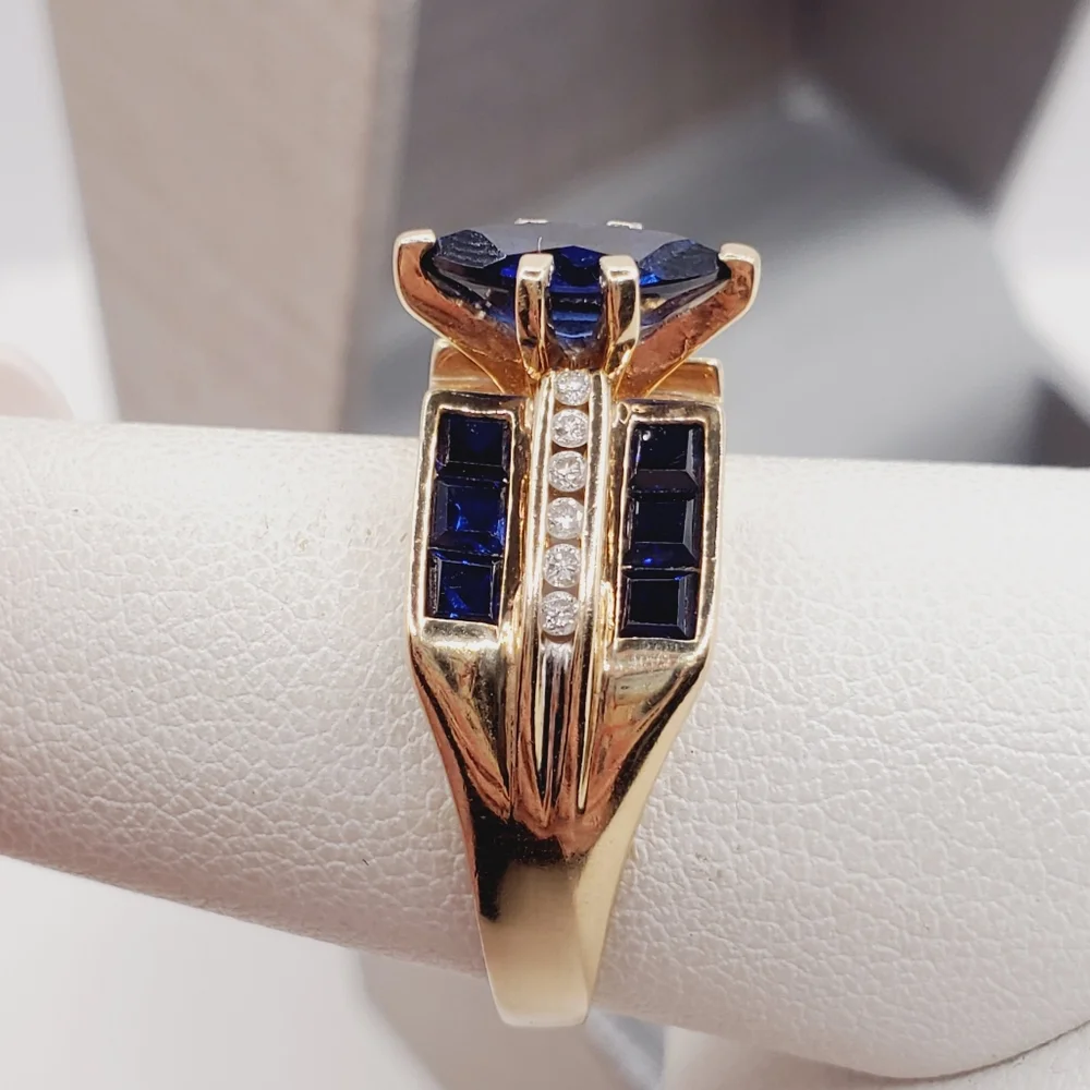 10k Solid Yellow Gold Genuine Marquise Blue Sapphire & Diamond Statement Ring